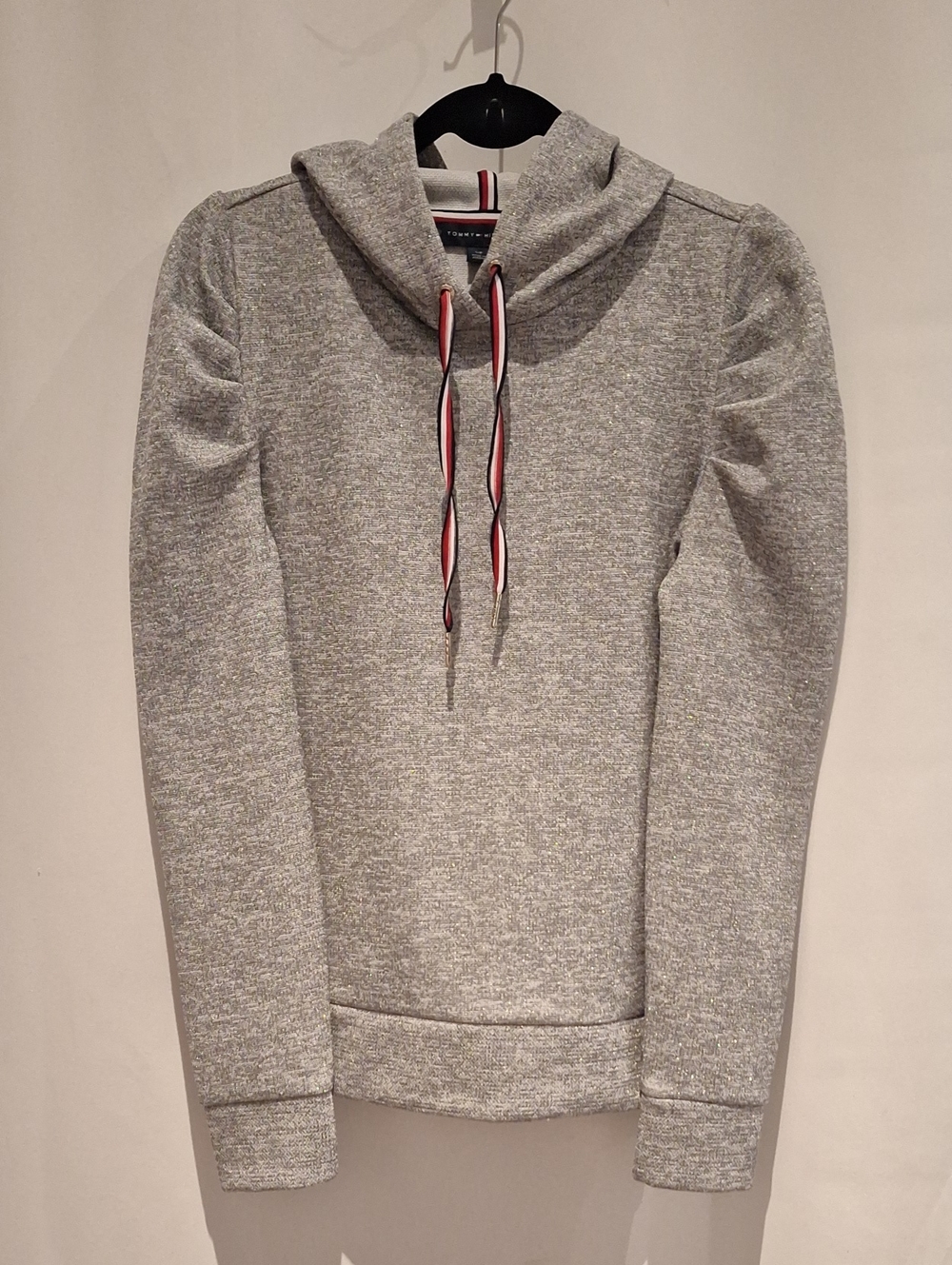 Tommy Hilfiger Sparkle Metalic Gray Pullover Hoodie with Contrast Drawstrings